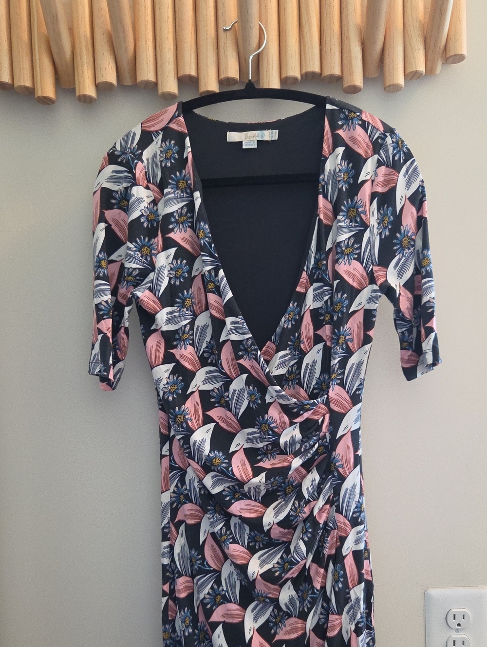Boden Navy Pink Floral Wrap-Style Midi Dress
